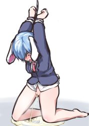 Rule 34 | 1girl, animal ears, arms up, barefoot, bdsm, black jacket, blue hair, blush, bondage, bottomless, bound, breasts, chain, cuffs, embarrassed, female focus, full body, gradient background, hair over one eye, half-closed eyes, handcuffs, jacket, karewe, kneeling, long sleeves, looking down, medium breasts, necktie, nose blush, open mouth, peeing, puddle, pussy, rabbit ears, red eyes, red necktie, reisen, shiny skin, shirt, short hair, simple background, solo, steam, textless version, touhou, uncensored, white background, white shirt