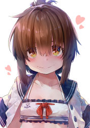 Rule 34 | 1girl, absurdres, anchor symbol, bikini, black sailor collar, brown eyes, brown hair, commentary request, folded ponytail, frilled bikini, frills, highres, inazuma (kancolle), kantai collection, long hair, looking at viewer, open clothes, open shirt, sailor collar, sailor shirt, shirt, simple background, smile, solo, swimsuit, taisho (gumiyuki), upper body, white background, white bikini