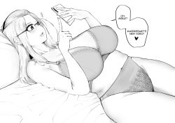 Rule 34 | +++, 1girl, bangs pinned back, bare shoulders, bed, bra, breasts, cellphone, cleavage, curvy, folded hair, glasses, greyscale, hair pulled back, happy, highres, holding, holding phone, huge breasts, inne sulistya robin, large breasts, legs together, looking at phone, lying, midriff, monochrome, norman maggot, on back, open mouth, original, panties, parted lips, phone, pillow, simple background, smartphone, solo, speech bubble, thick thighs, thighs, underwear, underwear only, white background