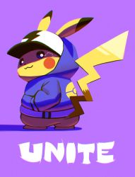 Rule 34 | :3, baseball cap, chromatic aberration, closed mouth, clothed pokemon, commentary request, copyright name, creatures (company), electricity, full body, game freak, gen 1 pokemon, hat, highres, hood, hood up, hooded jacket, jacket, looking at viewer, nintendo, no humans, pikachu, pikachu (hip-hop), poke ball symbol, pokemon, pokemon (creature), pokemon unite, purple background, purple jacket, rend, simple background, smile, solo, standing