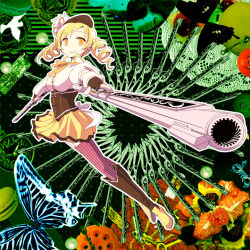 Rule 34 | 10s, 1girl, aiming, aiming at viewer, beret, bird, blonde hair, boots, breasts, brown thighhighs, bug, butterfly, corset, detached sleeves, dove, drill hair, dual wielding, fingerless gloves, foreshortening, gloves, gun, hair ornament, hairpin, hat, holding, holding gun, holding weapon, insect, magical girl, magical musket, mahou shoujo madoka magica, mahou shoujo madoka magica (anime), medium breasts, pleated skirt, puffy sleeves, ribbon, rifle, shirt, skirt, solo, striped clothes, striped thighhighs, taut clothes, taut shirt, thighhighs, tokiba, tomoe mami, twin drills, twintails, vertical-striped clothes, vertical-striped thighhighs, weapon, witch&#039;s labyrinth, yellow eyes, zettai ryouiki