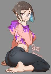 Rule 34 | 1girl, agawa ryou, ass, barefoot, black pants, brown eyes, brown hair, closed mouth, commentary, denim, english commentary, from side, glasses, grey background, hood, hoodie, looking at viewer, midriff, multicolored hair, original, pants, pink hoodie, round eyewear, short hair, sidelocks, sitting, smile, solo, w, wariza
