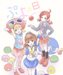 Rule 34 | 3girls, amitie (puyopuyo), andou ringo, apple, arle nadja, ascot, bare arms, black socks, blonde hair, blue skirt, blue wristband, blunt bangs, brown eyes, brown hair, carbuncle (puyopuyo), dated, drill hair, food, from above, fruit, full body, green bracelet, green eyes, hair ornament, kashima miyako, long sleeves, multiple girls, name connection, object namesake, one eye closed, open mouth, pleated skirt, ponytail, purple ascot, puyo (puyopuyo), puyopuyo, puyopuyo 7, puyopuyo fever, red apple, red footwear, red headwear, red skirt, shorts, single shoulder pad, skirt, socks, standing, translation request, twin drills, v, vest, white vest, yellow shorts