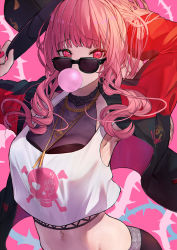Rule 34 | 1girl, absurdres, armpits, betabeet, black hat, blowing bubbles, blunt bangs, breasts, chewing gum, hat, highres, holding, holding clothes, holding hat, hololive, hololive english, jewelry, long hair, looking at viewer, looking over eyewear, looking over glasses, medium breasts, midriff, mori calliope, mori calliope (streetwear), nail polish, official alternate costume, pendant, pink background, pink eyes, pink hair, skull and crossbones, solo, sunglasses, tinted eyewear, virtual youtuber