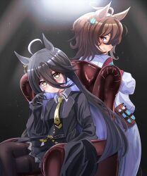 Rule 34 | 2girls, absurdres, agnes tachyon (umamusume), ahoge, animal ears, black gloves, black jacket, black pantyhose, black shirt, black skirt, blush, buckwheat638478, chemical structure, closed mouth, coat, collared shirt, commentary request, couch, earrings, gloves, hair between eyes, highres, horse ears, horse girl, jacket, jewelry, lab coat, long hair, long sleeves, looking at viewer, looking back, manhattan cafe (umamusume), multicolored hair, multiple girls, pantyhose, pleated skirt, red eyes, shirt, short hair, single earring, sitting, skirt, smile, streaked hair, textless version, thighband pantyhose, umamusume, white coat, white hair, yellow eyes