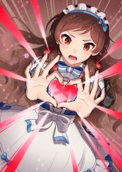 Rule 34 | 1girl, alternate costume, blue bow, blue bowtie, blush, bow, bowtie, brown eyes, brown hair, commentary, dress, dutch angle, emphasis lines, enmaided, frilled dress, frills, frown, heart, heart hands, highres, idolmaster, idolmaster million live!, kamille (vcx68), kitazawa shiho, long hair, looking at viewer, maid, maid headdress, medium dress, moe moe kyun!, open mouth, puffy short sleeves, puffy sleeves, short sleeves, solo, standing, swept bangs, white dress, wind