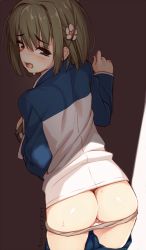 Rule 34 | 1girl, 2015, ass, blue eyes, blush, brown hair, clothes pull, dated, flower, from behind, gin (ginshari), grey panties, hair flower, hair ornament, jacket, looking back, open mouth, original, panties, panty pull, pussy, short hair, shorts, shorts pull, solo, track jacket, underwear