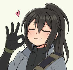 Rule 34 | 1girl, = =, black hair, blush, borrowed character, commentary, english commentary, gloves, green gloves, grey background, hair between eyes, heart, high ponytail, long hair, nose blush, ok sign, original, pas (paxiti), portrait, sidelocks, smile, solo, strap, turtleneck, vivian zhao