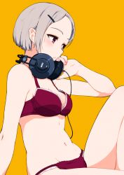 Rule 34 | 1girl, akg, akg k-series headphones, arm at side, bare arms, bare shoulders, blush, bra, breasts, cable, cleavage, closed mouth, commentary request, copyright request, expressionless, forehead, from side, grey hair, groin, hair ornament, hairclip, hand on headphones, hand up, headphones, headphones around neck, hi iro, knee up, looking away, medium breasts, nail polish, navel, original, panties, pink eyes, pink nails, product placement, purple bra, purple eyes, purple panties, pursed lips, short hair, sidelocks, simple background, sitting, solo, stomach, thighs, underwear, underwear only, yellow background
