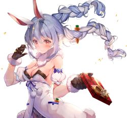 Rule 34 | 1girl, absurdres, animal ear fluff, animal ears, black gloves, blue hair, blush, bow, box, braid, breasts, carrot hair ornament, cleavage, closed mouth, commentary request, detached sleeves, don-chan (usada pekora), dress, floating hair, food-themed hair ornament, fur scarf, gift, gift box, gloves, hair between eyes, hair bow, hair ornament, haruhina purple, highres, holding, holding box, hololive, incoming gift, long hair, looking at viewer, medium breasts, multicolored hair, puffy short sleeves, puffy sleeves, rabbit ears, red eyes, short sleeves, simple background, smile, solo, strapless, strapless dress, thick eyebrows, twin braids, twintails, two-tone hair, upper body, usada pekora, usada pekora (1st costume), virtual youtuber, white background, white bow, white dress, white hair