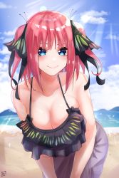 Rule 34 | 1girl, absurdres, beach, black one-piece swimsuit, black ribbon, blue eyes, blunt bangs, blush, breasts, butterfly hair ornament, cleavage, collarbone, go-toubun no hanayome, hair ornament, highres, large breasts, leaning forward, looking at viewer, nakano nino, o22no, ocean, one-piece swimsuit, outdoors, pink hair, purple skirt, raised eyebrows, ribbon, skindentation, skirt, smile, sunlight, swimsuit, twintails