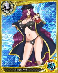 Rule 34 | 1girl, breasts, card (medium), chess piece, cleavage, hair over one eye, hat, high school dxd, highres, large breasts, long hair, navel, official art, purple eyes, purple hair, queen (chess), solo, yubelluna