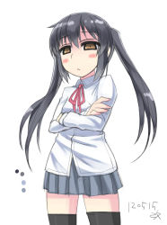 Rule 34 | 1girl, :&lt;, absurdres, black hair, blush stickers, brown eyes, crossed arms, highres, k-on!, long hair, nakano azusa, s ibane, school uniform, simple background, thighhighs, twintails, white background