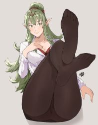 Rule 34 | 1girl, alternate costume, bra, breasts, closed mouth, commentary, crossed legs, english commentary, fire emblem, fire emblem awakening, foreshortening, full body, green eyes, green hair, hair ornament, hand on own chest, highres, jewelry, long hair, long sleeves, looking at viewer, medium breasts, nintendo, no shoes, office lady, pantyhose, pointy ears, ponytail, red bra, ribbon, sakuremi, shirt, simple background, smile, soles, solo, tiara, tiki (adult) (fire emblem), tiki (fire emblem), underwear, white shirt