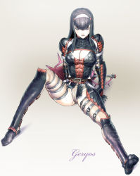 Rule 34 | 1girl, armor, belt, black hair, breasts, capcom, cleavage, cleavage cutout, clothing cutout, elbow gloves, from above, fujiwara hisashi, gloves, gypceros (armor), hairband, horns, leg lift, long hair, looking up, monster hunter (series), panties, pteruges, grey eyes, sitting, smile, solo, sword, thighhighs, underwear, weapon