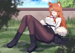 Rule 34 | 1girl, absurdres, adisila leony, animal ear fluff, animal ears, autumn leaves, black footwear, black jacket, black skirt, boots, breasts, cat ears, cat girl, collared shirt, grass, hair ornament, hair over one eye, highres, indie virtual youtuber, jacket, leaf hair ornament, long hair, neck ribbon, off shoulder, one eye closed, open mouth, orange hair, pantyhose, red ribbon, ribbon, shadow, shirt, skirt, solo, teeth, upper teeth only, valefal coneri, virtual youtuber, white shirt