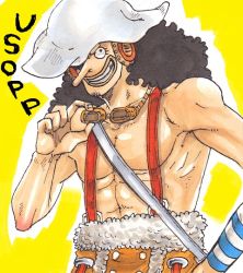 Rule 34 | 1boy, black hair, character name, goggles, goggles around neck, hat, hat over one eye, headphones, male focus, muscular, one piece, p (nukumise), solo, suspenders, usopp