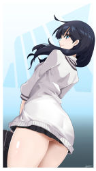 Rule 34 | 1girl, 2019, absurdres, arched back, artist name, ass, back, bag, bare legs, bird, black hair, black skirt, blue eyes, blush, cardigan, commentary request, dated, from behind, gridman universe, highres, holding, holding bag, johnson zhuang, long hair, long sleeves, looking at viewer, looking back, miniskirt, school uniform, signature, skirt, smile, solo, ssss.gridman, standing, takarada rikka, thighs, v arms