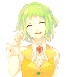 Rule 34 | 1girl, bad id, bad pixiv id, female focus, green hair, gumi, highres, kyama, petals, short hair, simple background, smile, solo, vocaloid, white background, wrist cuffs