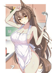 Rule 34 | 1girl, :o, animal ears, apron, arm up, artist name, bad id, bad pixiv id, bare arms, bare shoulders, black hair, blush, border, braid, breasts, brown hair, cabinet, cleavage, collarbone, cowboy shot, grey hair, half updo, hand on own head, highres, holding, horse ears, horse girl, horse tail, indoors, kitchen, ladle, large breasts, line4x, long hair, looking back, md5 mismatch, multicolored hair, naked apron, open mouth, outside border, resolution mismatch, satono diamond (umamusume), signature, source larger, straight hair, tail, two-tone hair, umamusume, very long hair, white apron, white border, yellow eyes