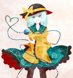 Rule 34 | 1girl, black hat, black pantyhose, blouse, bow, buttons, closed mouth, commentary, cowboy shot, diamond button, facing viewer, floral print, frilled shirt collar, frilled skirt, frilled sleeves, frills, green eyes, green skirt, hair between eyes, hand up, hat, hat bow, heart, heart of string, komeiji koishi, light green hair, long sleeves, looking to the side, medium hair, nosada, pantyhose, rose print, shirt, simple background, skirt, smile, split mouth, third eye, touhou, white background, wide sleeves, yellow bow, yellow shirt