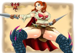 Rule 34 | 1girl, armor, blue eyes, boots, breasts, cape, cleavage, corset, dagger, detached sleeves, dragon&#039;s dogma, dragon&#039;s dogma (series), dual wielding, faulds, fighting stance, gloves, holding, huge nipples, knife, nukunuku orange, panties, pantyshot, red hair, shiny skin, shoulder pads, solo, spikes, thick thighs, thigh boots, thighhighs, thighs, twintails, underwear, weapon