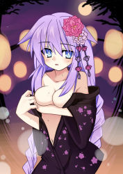 Rule 34 | 10s, 1girl, absurdres, alternate costume, bad id, bad pixiv id, blue eyes, blush, braid, breast hold, breasts, collarbone, female focus, flower, hair ornament, highres, japanese clothes, kimono, long hair, meimu (infinity), navel, neptune (neptunia), neptune (series), open clothes, open mouth, purple hair, purple heart (neptunia), small breasts, solo, symbol-shaped pupils, topless, twin braids, undressing, very long hair