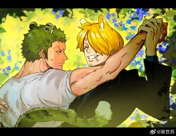 Rule 34 | 2boys, ^ ^, animal ears, blonde hair, cat boy, cat ears, cat tail, cigarette, closed eyes, couple, dancing, forest, green hair, happy, highres, kemonomimi mode, male focus, mrjieshisu, multiple boys, nature, official style, one piece, roronoa zoro, sanji (one piece), short hair, sweatdrop, tail, tiger boy, tiger ears, tiger tail, toned, toned male, yaoi
