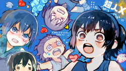 Rule 34 | 1girl, angry, arrow through heart, black hair, blue background, blush, choujin x, crying, dog, food, fruit, heart, heart-shaped pupils, highres, japanese clothes, nervous sweating, otta ely (choujin x), pencil 15, purple eyes, surprised, sweat, symbol-shaped pupils, tractor