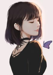 Rule 34 | 1girl, black neckwear, black shirt, breasts, brown hair, bug, butterfly, caidychen, choker, closed mouth, commentary, eyelashes, highres, bug, lips, medium breasts, nose, original, shirt, short hair, simple background, solo, white background
