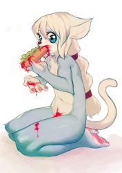 Rule 34 | 1girl, animal ears, animal hands, barefoot, blue eyes, blush, braid, cat, cat ears, cat tail, eating, feet, furry, furry female, green eyes, hashimoto-chan (aruurara), heterochromia, highres, hot dog, inuki (aruurara), long hair, messy, navel, nude, original, pawpads, simple background, sitting, soles, solo, tail, thick thighs, thighs, toes, very long hair, white background, white hair