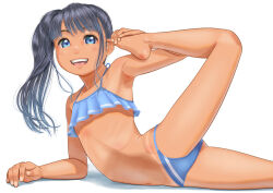 Rule 34 | 1girl, barefoot, bikini, blue bikini, blue eyes, blue hair, commentary request, flat chest, frilled bikini, frills, long hair, looking at viewer, lying, navel, on side, open mouth, original, side ponytail, simple background, smile, solo, stretching, swimsuit, tan, uzuki mei, white background