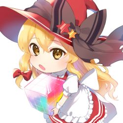 Rule 34 | 1girl, apron, black bow, blonde hair, bow, cube, dress, hair between eyes, hair bow, hat, hat bow, highres, holding, jill 07km, kirisame marisa, kirisame marisa (witch of scarlet dreams), long hair, looking at viewer, multicolored hair, open mouth, puffy short sleeves, puffy sleeves, red bow, red dress, red hat, short sleeves, simple background, solo, standing, star (symbol), touhou, touhou lostword, white apron, white background, white bow, white sleeves, witch hat, wrist cuffs, yellow eyes