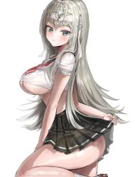 Rule 34 | 1girl, absurdres, arm behind back, artist request, black skirt, breasts, closed mouth, commission, crop top, epic seven, expressionless, from side, green eyes, grey hair, headgear, highres, large breasts, long hair, looking at viewer, looking to the side, midriff, miniskirt, necktie, pleated skirt, politis (epic seven), sailor collar, school uniform, second-party source, serafuku, shirt, short necktie, short sleeves, simple background, skirt, socks, solo, thighs, underboob, white background, white shirt