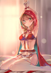 Rule 34 | 1girl, armpits, arms up, blonde hair, blush, bound, bound wrists, bow, bow panties, bra, braid, breasts, cape, closed mouth, commentary request, elbow gloves, garter straps, gloves, green eyes, hair ribbon, highres, hood, hood up, hooded cape, indoors, little red riding hood, little red riding hood (grimm), looking at viewer, medium breasts, navel, no pants, panties, red bow, red bra, red cape, red ribbon, restrained, ribbon, ribbon bra, sitting, solo, thighhighs, twin braids, underwear, wariza, white gloves, white panties, white thighhighs, yumemi (kiowa)