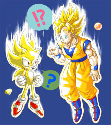 Rule 34 | 2boys, comparison, crossover, dragon ball, dragonball z, floating, multiple boys, power connection, son goku, sonic (series), sonic the hedgehog, super saiyan, super saiyan 1, super sonic, trait connection