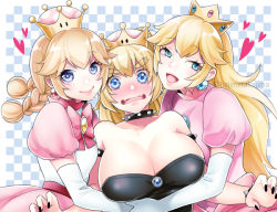 Rule 34 | 3girls, aqua eyes, bare shoulders, black dress, blonde hair, blue eyes, blush, border, bowsette, bracelet, braid, breasts, brooch, checkered background, cleavage, collar, collarbone, crown, dress, earrings, elbow gloves, embarrassed, fangs, girl sandwich, gloves, group hug, hair between eyes, hajimetakauma, happy, heart, horns, hug, jewelry, large breasts, lips, long hair, looking at viewer, mario (series), medium breasts, multiple girls, new super mario bros. u deluxe, nintendo, nose blush, open mouth, outline, outside border, peachette, pink dress, pink lips, pink skirt, ponytail, princess peach, puffy short sleeves, puffy sleeves, purple eyes, sandwiched, shiny clothes, shiny skin, shirt, short sleeves, sidelocks, skirt, small breasts, smile, spiked bracelet, spiked collar, spikes, strapless, strapless dress, super crown, thick eyebrows, twin braids, twitter username, very long hair, white border, white gloves, white shirt