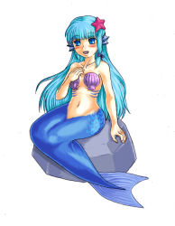 Rule 34 | 1girl, :d, animal ears, artist request, bare shoulders, blue eyes, blue hair, blush, eyebrows, fins, gills, hair ornament, hand on ground, hand on own chest, long hair, looking at viewer, mermaid, mermaid (monster girl encyclopedia), monster girl, monster girl encyclopedia, navel, no panties, open mouth, rock, seashell, seashell bikini, shell, sidelocks, simple background, sitting, smile, solo, stomach, tail