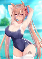 Rule 34 | 1girl, animal ears, arms behind head, blue one-piece swimsuit, blurry, blurry background, blush, breasts, brown hair, cleavage, cowboy shot, daiwa scarlet (umamusume), day, hair between eyes, hair intakes, highres, horse ears, horse girl, horse tail, ineedu041 tako, large breasts, long hair, looking at viewer, one-piece swimsuit, outdoors, red eyes, school swimsuit, skin tight, skindentation, solo, swimsuit, tail, thighhighs, thighs, tiara, umamusume, very long hair, white thighhighs
