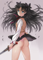 Rule 34 | 1girl, ass, black hair, blue eyes, breasts, cowboy shot, dagger, fate/stay night, fate (series), from behind, haijin, homurahara academy school uniform, knife, looking back, no legwear, no panties, pleated skirt, popoccpo, ribbon, school uniform, skirt, small breasts, solo, tohsaka rin, twintails, two side up, upskirt, weapon, wind, wind lift
