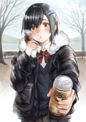 Rule 34 | 1girl, bench, black hair, black jacket, black skirt, blush, bow, breath, can, canned coffee, coffee, cold, drink can, fingernails, fish hair ornament, fog, fur-trimmed jacket, fur trim, hair between eyes, hair ornament, highres, holding, holding can, ito (silva), jacket, lake, looking at viewer, nature, original, outdoors, parted lips, pov, red bow, red eyes, red neckwear, religious offering, short hair, skirt, solo, tree, water, winter, winter clothes