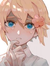 Rule 34 | 1boy, basil (faraway) (omori), basil (omori), blonde hair, blue eyes, collared shirt, crying, crying with eyes open, flower, hair flower, hair ornament, hand on own chin, highres, hinshi hp0, looking at viewer, male focus, omori, portrait, red flower, shirt, short hair, simple background, solo, tears, white background, white shirt