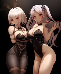 Rule 34 | 2girls, absurdres, animal ears, arms behind back, azur lane, bare shoulders, bdsm, black background, black leotard, blonde hair, bondage, bound, bow, bowtie, breast bondage, breasts, brown legwear, cleavage, commentary request, cross, cross hair ornament, detached collar, entangled, fake animal ears, finger to mouth, gag, grey hair, hair between eyes, hair ornament, highleg, highleg leotard, highres, holding, illumination, iron cross, large breasts, leotard, light ray, long hair, looking at viewer, multicolored hair, multiple girls, pantyhose, playboy bunny, prinz eugen (azur lane), rabbit ears, red hair, restrained, rope, sex toy, shibari, shibari over clothes, short hair, simple background, sirius (azur lane), skindentation, sleeveless, strapless, strapless leotard, thighband pantyhose, twintails, two side up, yuuraku yuraku