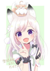 Rule 34 | 1girl, nanashi inc., animal, animal ears, animal on head, animare, blush, braid, commentary request, fang, looking at viewer, on head, open mouth, purple eyes, ribbon, shiromiya mimi, side braid, simple background, solo, tail, tail wagging, v, virtual youtuber