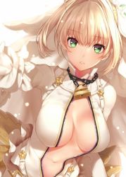 Rule 34 | 10s, 1girl, ahoge, arm up, belt, blonde hair, breasts, chain, cleavage, commentary request, fate/extra, fate/extra ccc, fate (series), green eyes, hair intakes, large breasts, lock, looking at viewer, mataro (matarou), navel, nero claudius (bride) (fate), nero claudius (fate), nero claudius (fate) (all), open clothes, outstretched arm, padlock, short hair, solo, stomach, tareme, unzipped, upper body, veil, velt