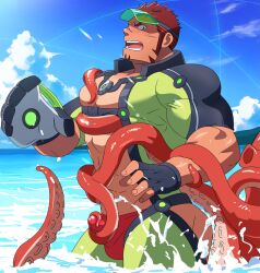 Rule 34 | 1boy, akashi (live a hero), akashi (water bullet) (live a hero), bara, baseball glove, bodysuit, bulge, cowboy shot, day, erection, erection under clothes, facial hair, framed pectorals, from side, goatee, green bodysuit, green male swimwear, highres, imminent rape, large pectorals, live a hero, long sideburns, male focus, male swimwear, muscular, muscular male, pectorals, profile, red eyes, red hair, red male swimwear, ruizu (takakisan503), scar, scar on face, scar on nose, short hair, sideburns, solo, sunlight, swim briefs, tan, tentaclejob, tentacles, tentacles on male, thick eyebrows, wading