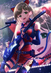 Rule 34 | 1girl, animal ears, bare shoulders, belt, bintaptyo, blue gloves, blue thighhighs, blurry, blurry background, blush, bodysuit, braid, breasts, brown hair, cat ears, cat tail, choker, clothing cutout, collarbone, cowboy shot, dot nose, dress, earrings, elbow gloves, electric guitar, fake animal ears, fake tail, fang, fingerless gloves, footprints, front slit, garter straps, glint, gloves, green eyes, guitar, highres, holding, holding instrument, idolmaster, idolmaster cinderella girls, idolmaster cinderella girls starlight stage, instrument, jewelry, looking at viewer, maekawa miku, medium breasts, microphone, microphone stand, midriff, navel, navel cutout, necklace, open mouth, red bodysuit, red choker, red dress, red nails, screen, short hair, side slit, sleeveless, sleeveless dress, smile, solo, stage, stage lights, tail, thighhighs, utility belt, v-shaped eyebrows