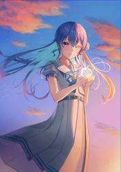 Rule 34 | 1girl, belt, belt buckle, black belt, blonde hair, blue eyes, blue hair, boku no edamame, buckle, closed mouth, cloud, collared shirt, floating hair, frilled sleeves, frills, hair between eyes, highres, hololive, hoshimachi suisei, hoshimachi suisei (school uniform), long skirt, looking at viewer, multicolored hair, outdoors, pleated skirt, sailor collar, sailor shirt, shirt, short sleeves, skirt, smile, solo, standing, sunset, virtual youtuber, white sailor collar, white shirt, white skirt