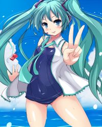 Rule 34 | 1girl, aqua eyes, aqua hair, blush, hatsune miku, headset, highres, long hair, necktie, one-piece swimsuit, open mouth, school swimsuit, shiny clothes, skindentation, solo, sukesan, swimsuit, swimsuit under clothes, twintails, v, very long hair, vocaloid, wet, wet clothes, whistle