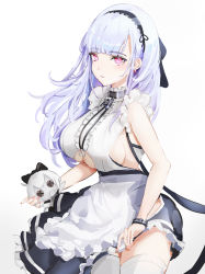 Rule 34 | 1girl, absurdres, anchor choker, anchor necklace, apron, azur lane, bare shoulders, black hairband, breasts, center frills, choker, clothing cutout, dido (azur lane), doll, earrings, frilled apron, frilled choker, frills, hairband, heart, heart earrings, highres, holding, holding doll, jewelry, lace-trimmed hairband, lace trim, large breasts, lielac, long hair, maid, maid apron, necklace, pink eyes, shirt, sideboob, silver hair, sleeveless, sleeveless shirt, standing, thighhighs, thighs, underboob, underboob cutout, waist apron, white apron